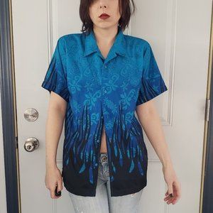 Y2K Blue and‎ Black Flame Hawaiian Shirt